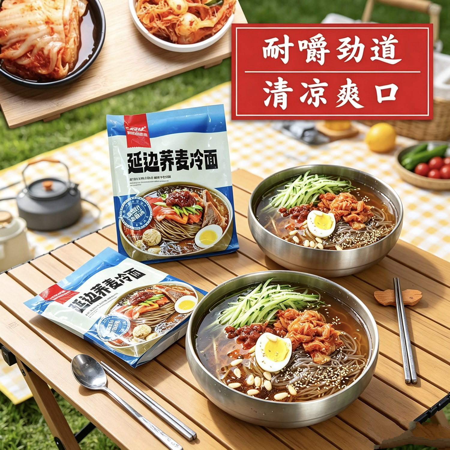 延边荞麦冷面成品，碗中搭配黄瓜、酱牛肉、鸡蛋